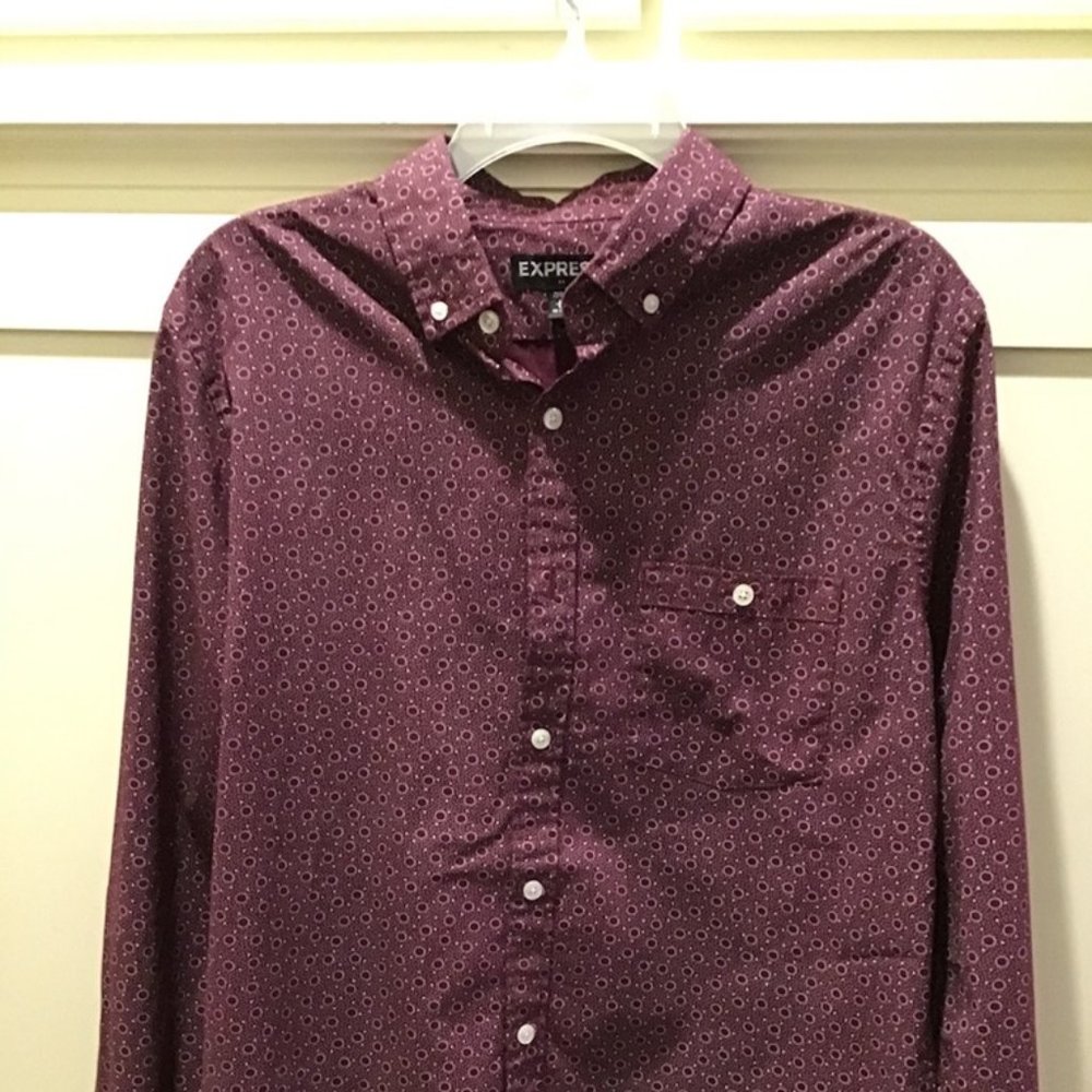 Men's Express Burgundy Button Front Dress Shirt, Medium